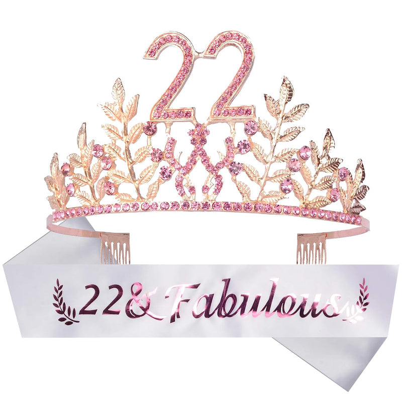 22nd Birthday Sash and Tiara for Women - Fabulous Set: Glitter Sash + Leaves