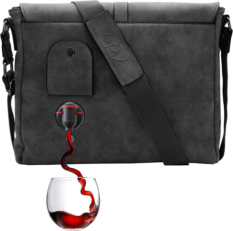 Messenger vegan leather wine bag with hidden insulated compartment