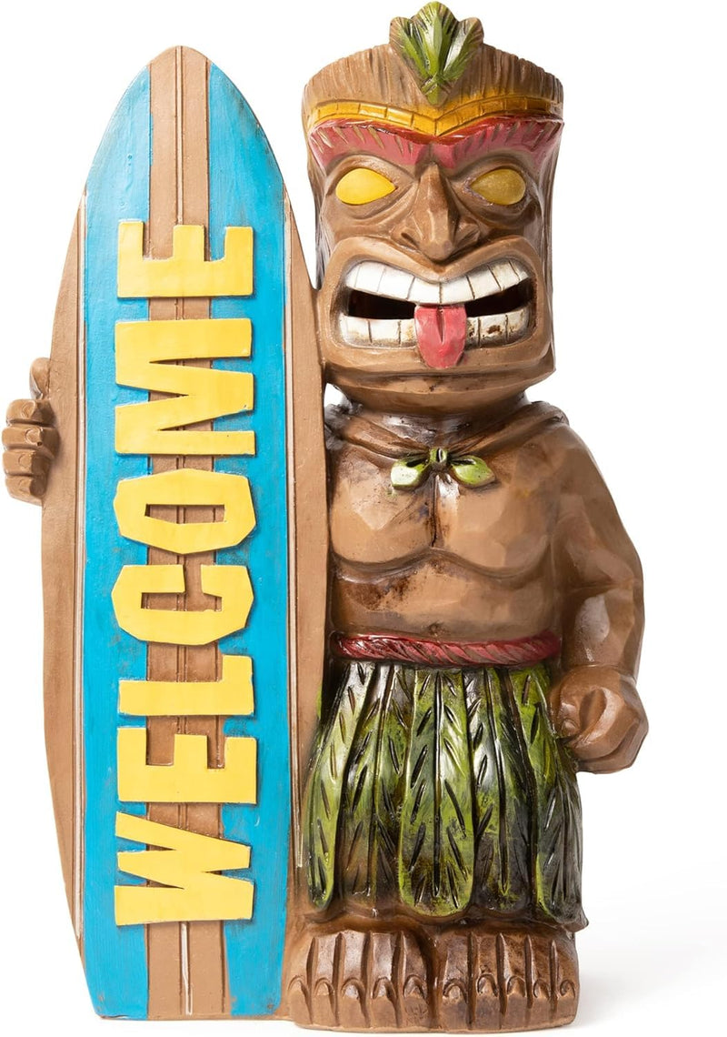 Welcome Tiki Statue with Surfboard - Solar Powered 14" Tiki Stand