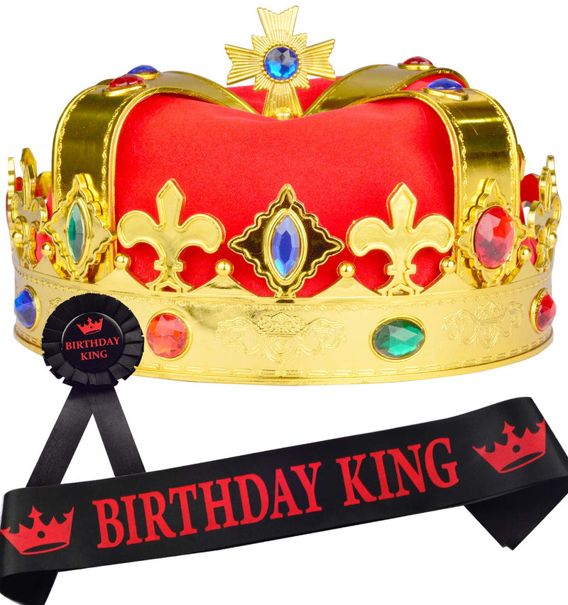 Royal Crown and Sash for Men - Birthday Crown, Sash and Pin for Boys - Gold