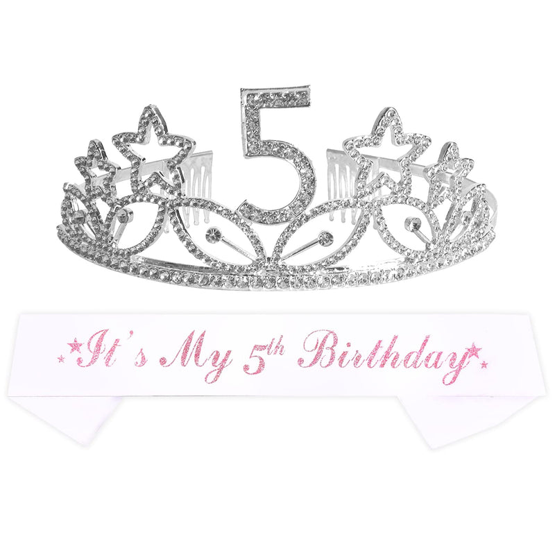 Girls 5th Birthday Sash and Tiara - Fabulous Glitter Sash + Stars