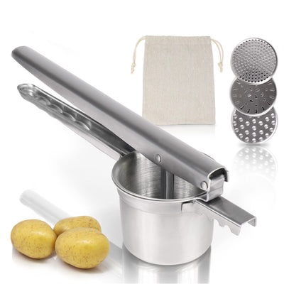 Potato press including 3 sieve inserts and potato bag. Dishwasher-safe press