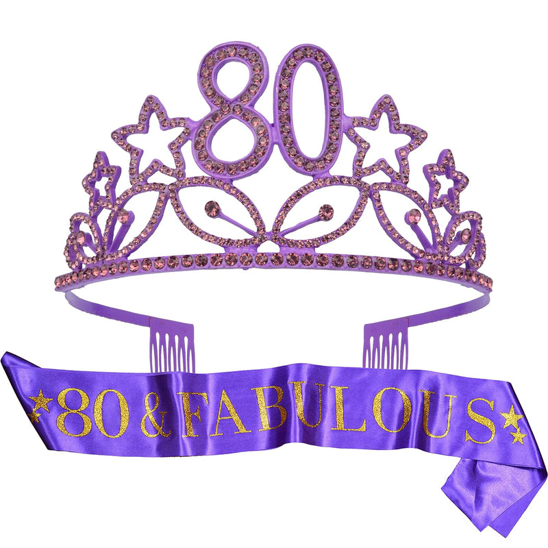 80th Birthday Sash and Tiara for Women - Fabulous Glitter Sash + Stars