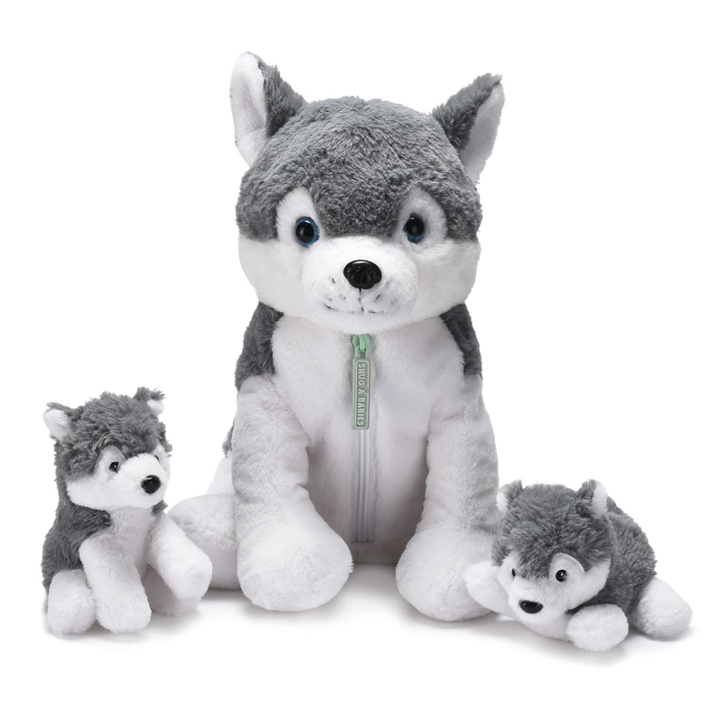 Cuddly Husky Plush Toy Set - 16" Husky Mom and two adorable 6" Huskies