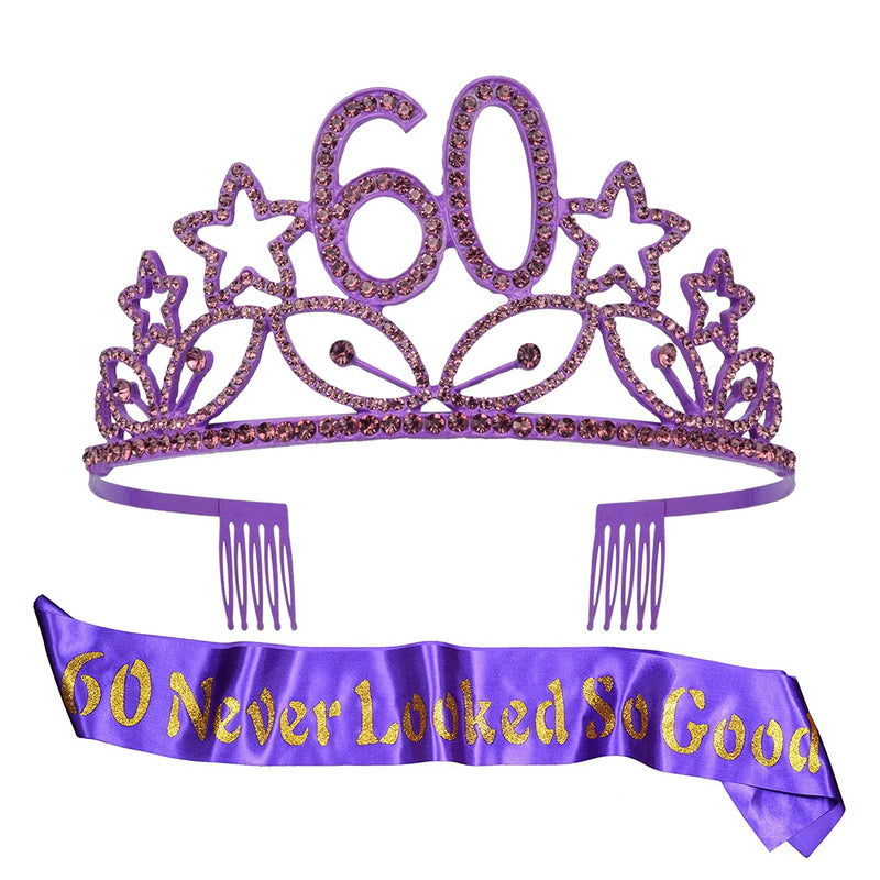 60th Birthday Sash and Tiara for Women - Fabulous Glitter Sash + Stars