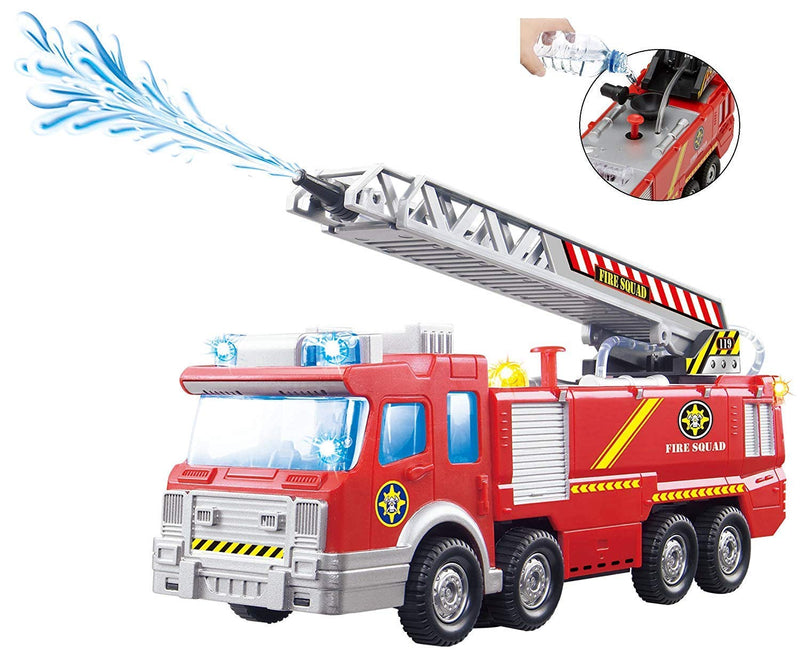 Fire trucks with water pump spray - extendable rescue ladder - flashing lights