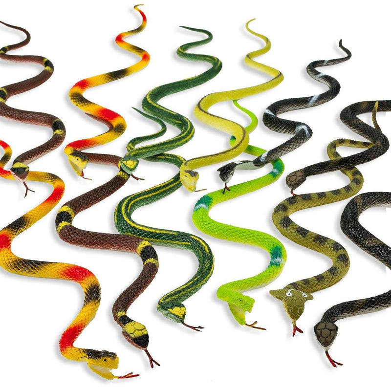 12 pack of 14 inch assorted rubber toy snakes - soft, flexible, realistic fake