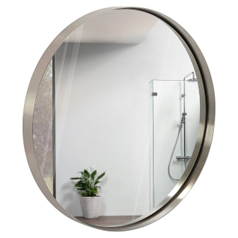 24 inch contemporary silver round mirror with brushed metal frame