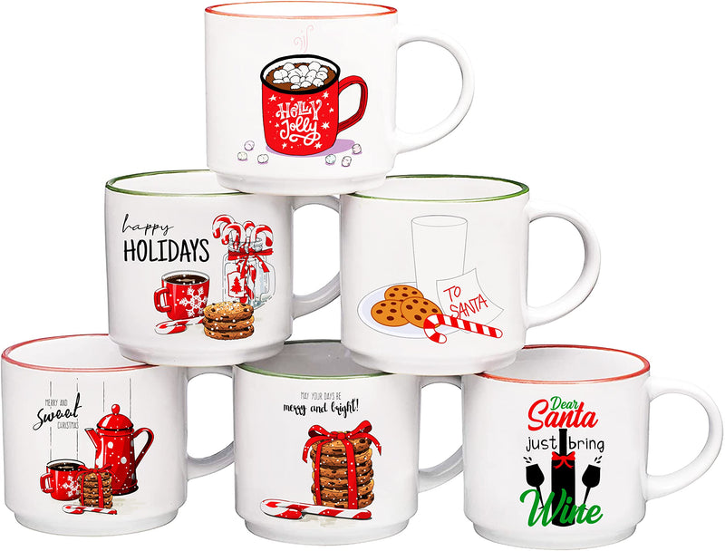 Set of 6 White Star Handle Christmas Coffee Cups