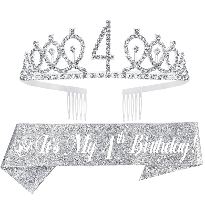 Girls 4th Birthday Sash and Tiara - Fabulous Glitter Sash + Rhinestone Bows