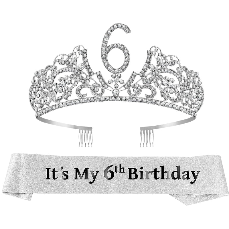 Girls 6th Birthday Sash and Tiara - Fabulous Glitter Sash + Flowers