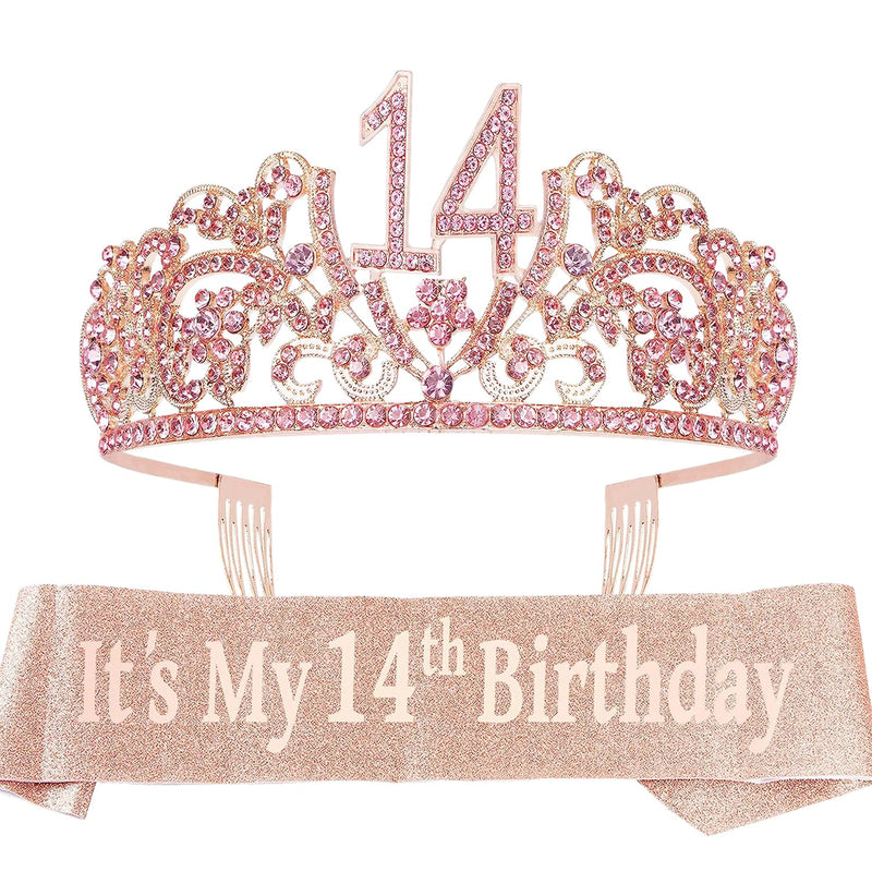 Girls 14th Birthday Sash and Tiara - Fabulous Set: Glitter Sash + Flowers