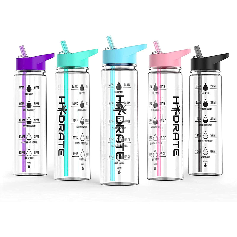 Motivational premium drinking bottle with 900 ml drinking straw for daily water intake