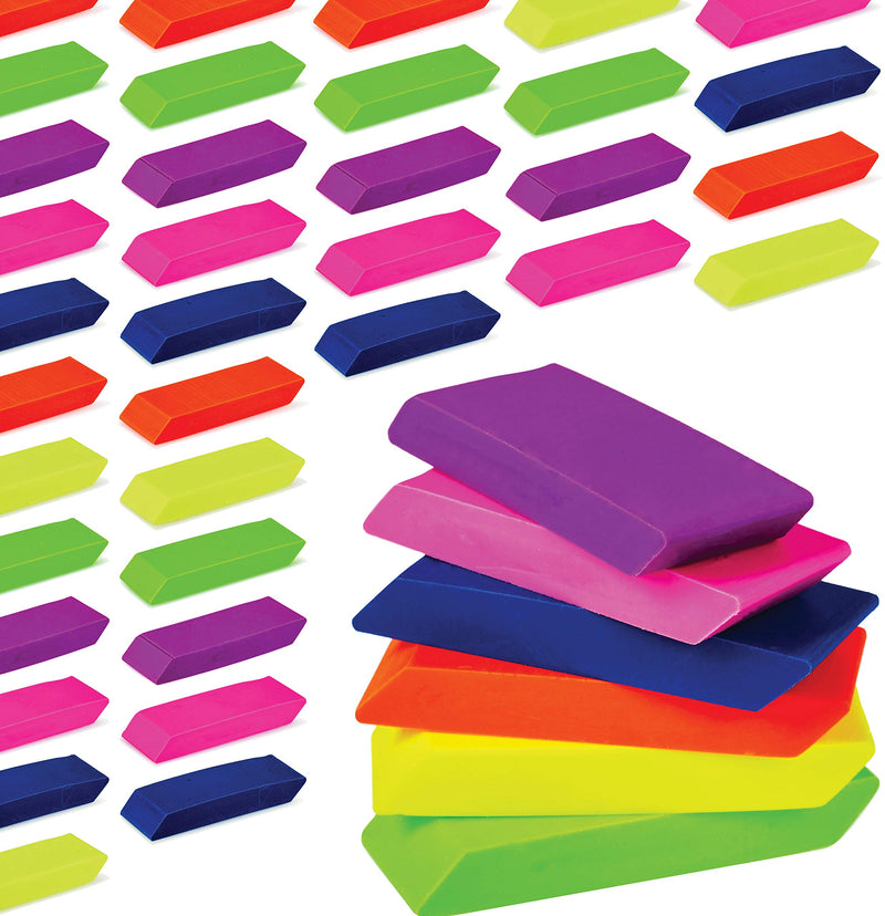 Incredibly affordable pencil erasers. Bright, neon, chiseled, large erasers