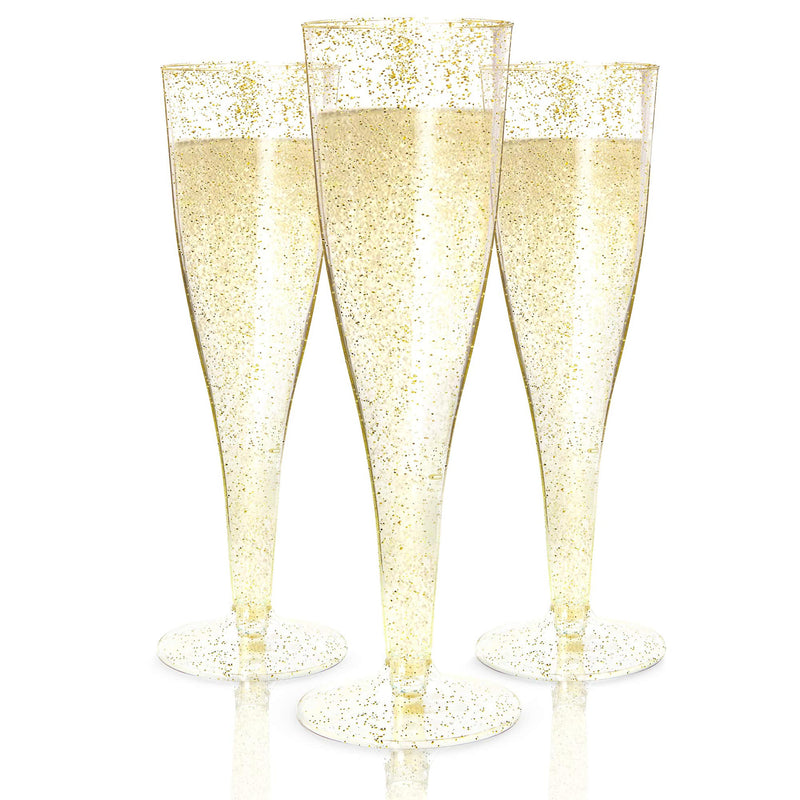 48 plastic champagne glasses - disposable champagne glass - gold glitter plastic