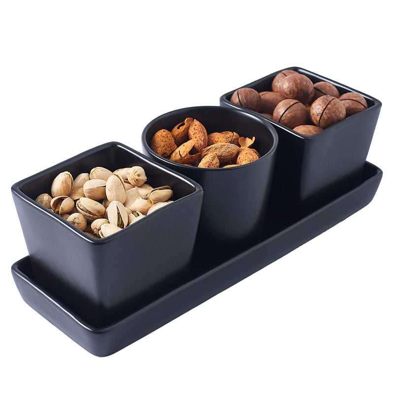 4-piece square and round ceramic serving bowl set with tray in matt black