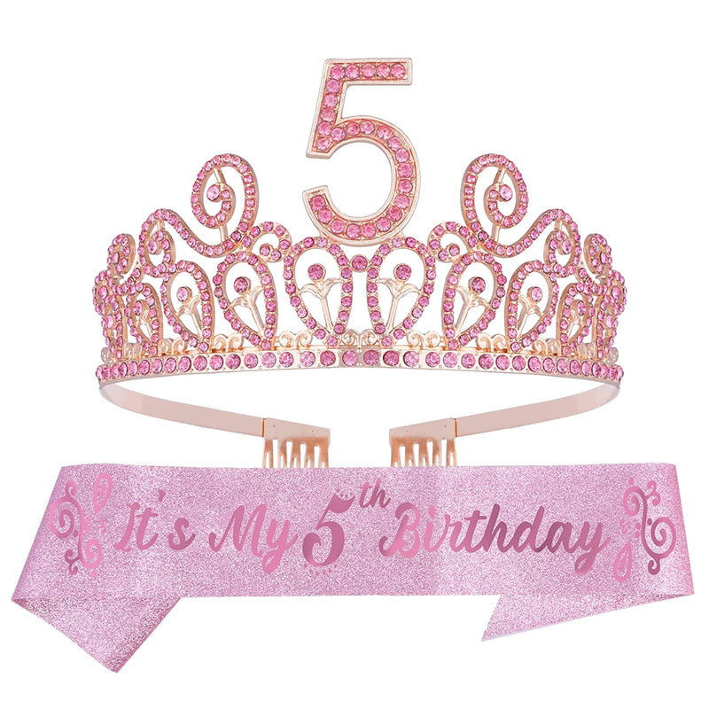 Girls 5th Birthday Sash and Tiara - Fabulous Glitter Sash + Waves