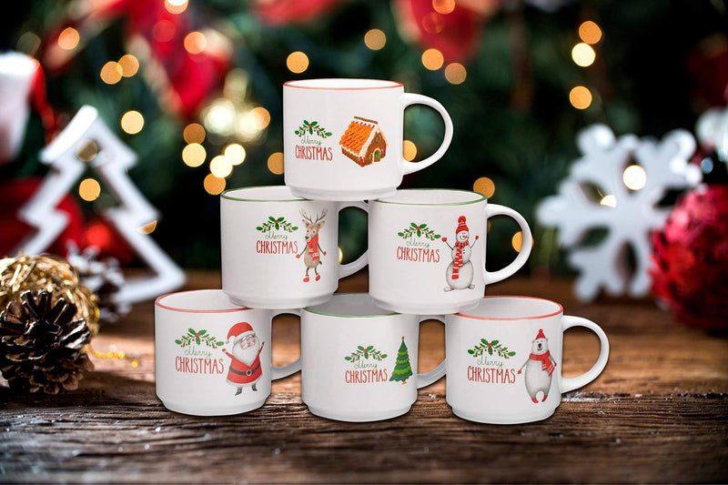 Ceramic Christmas Mug Set of 6 - Non-toxic and lead-free holiday themed coffee mugs