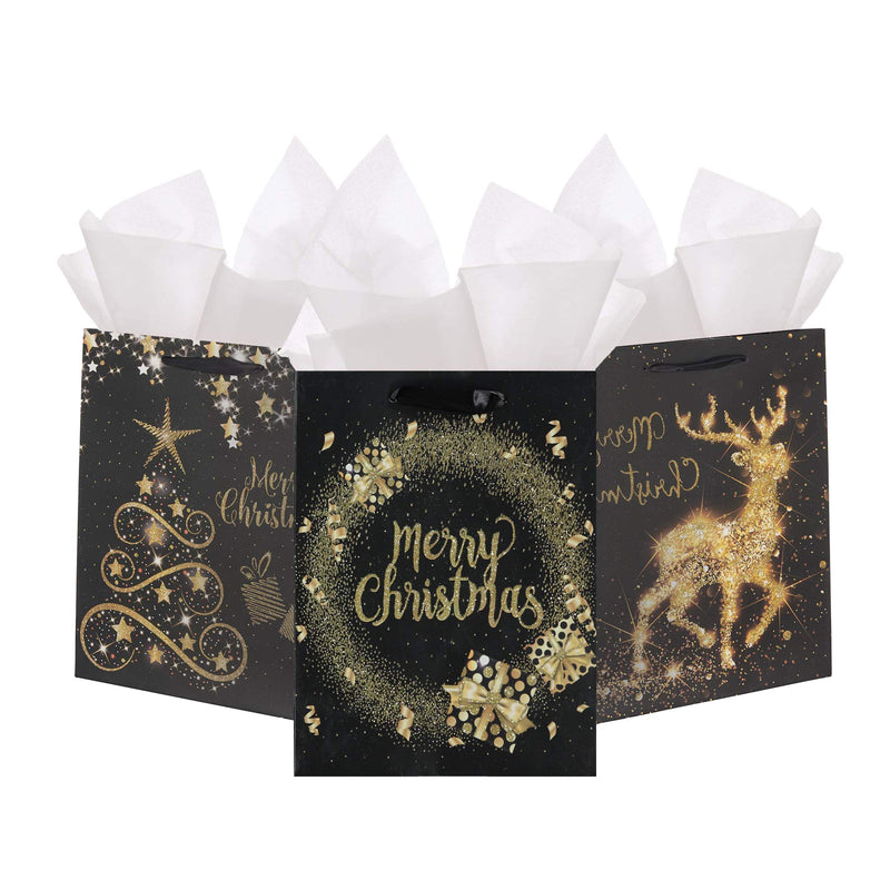 Elegant Black and Gold Glitter Christmas Bags Assorted Set of 12-6 Medium Bags