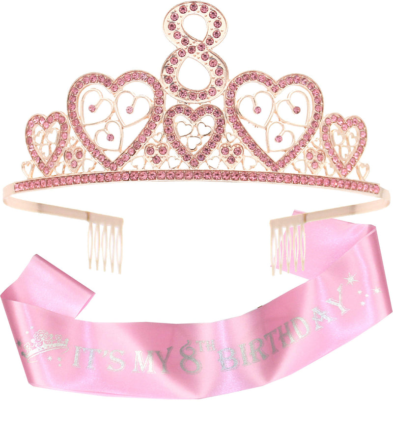 Girls 8th Birthday Sash and Tiara - Fabulous Glitter Sash + Hearts