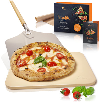 Pizza stone including bamboo pizza shovel, permanent baking foil and insert for the Ultra