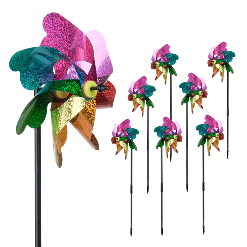 Pinwheels Sparkling multi-colored holographic wind chimes are a deterrent