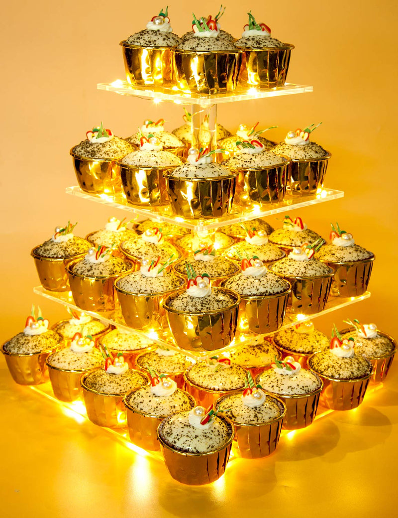 4 Tier Acrylic Cupcake Stand Pastry Stand with LED String Lights Dessert Tree