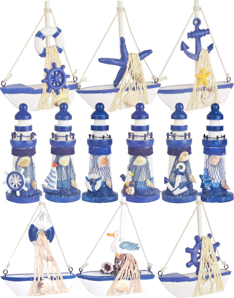 Wooden Lighthouse and Mini Sailboat Model Decoration - Set of 12