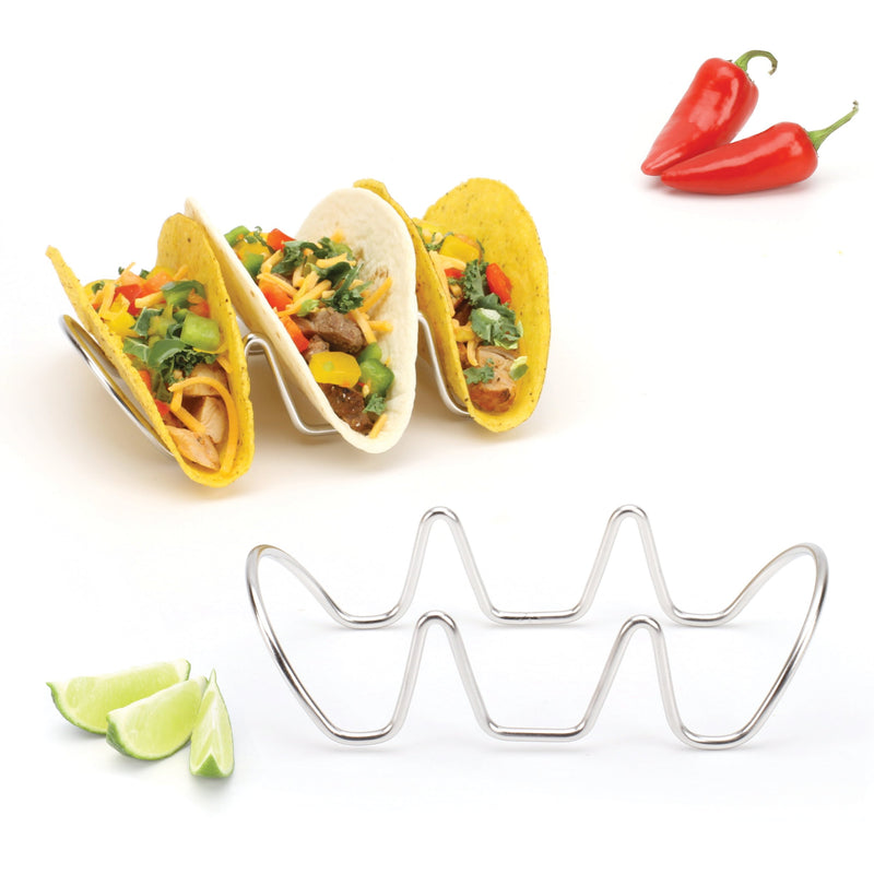 Taco holder set with 2 stackable stainless steel stands, each rack holds 3 pieces