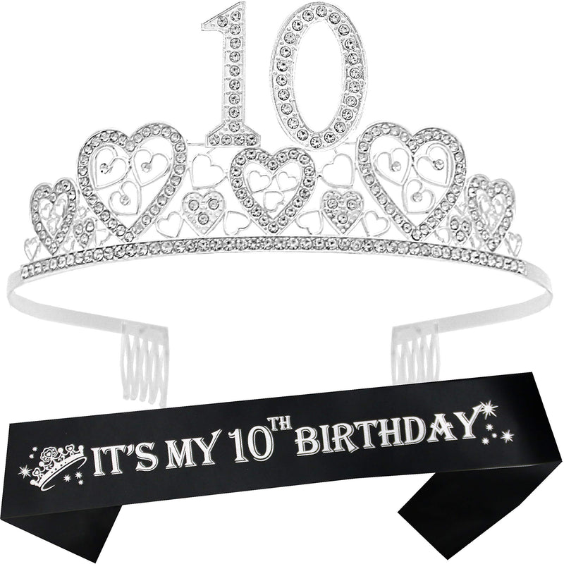 Girls 10th Birthday Sash and Tiara - Fabulous Glitter Sash + Hearts