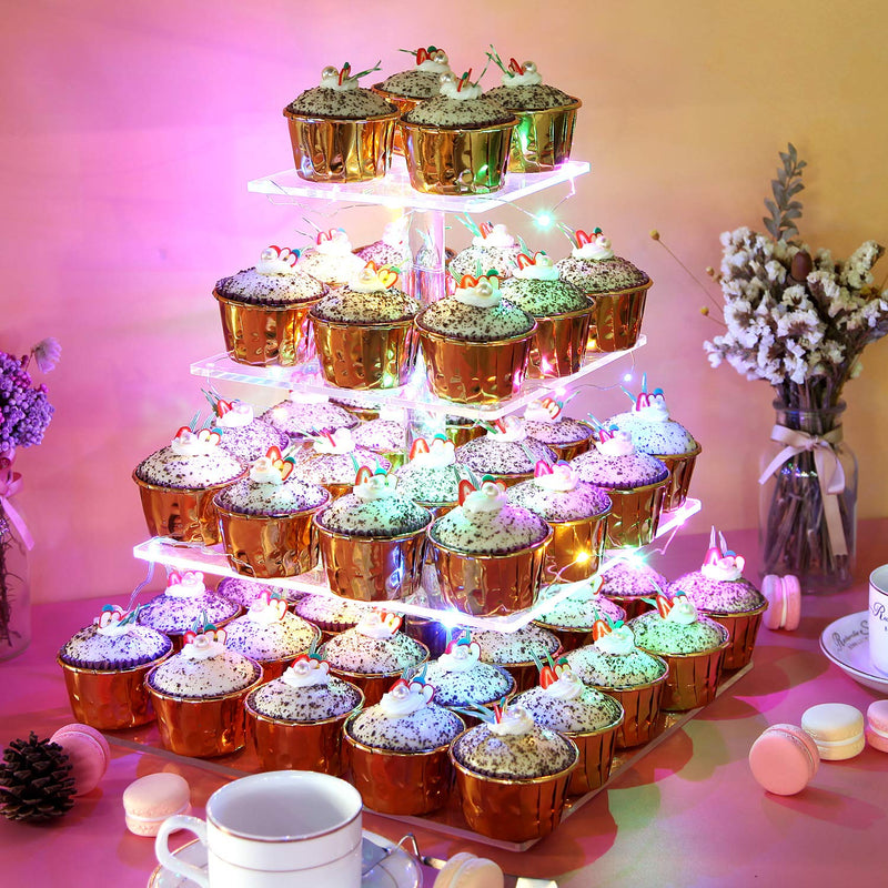 Pastry Stand 4 Tier Acrylic Cupcake Display Stand with LED String Lights Dessert