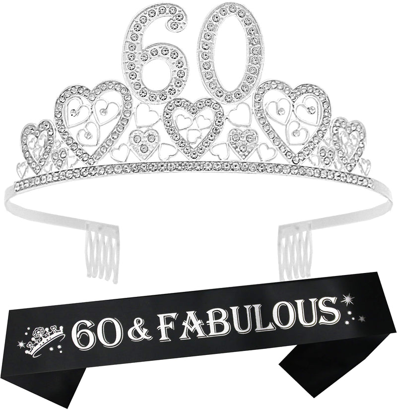 60th Birthday Sash and Tiara for Women - Fabulous Glitter Sash + Hearts