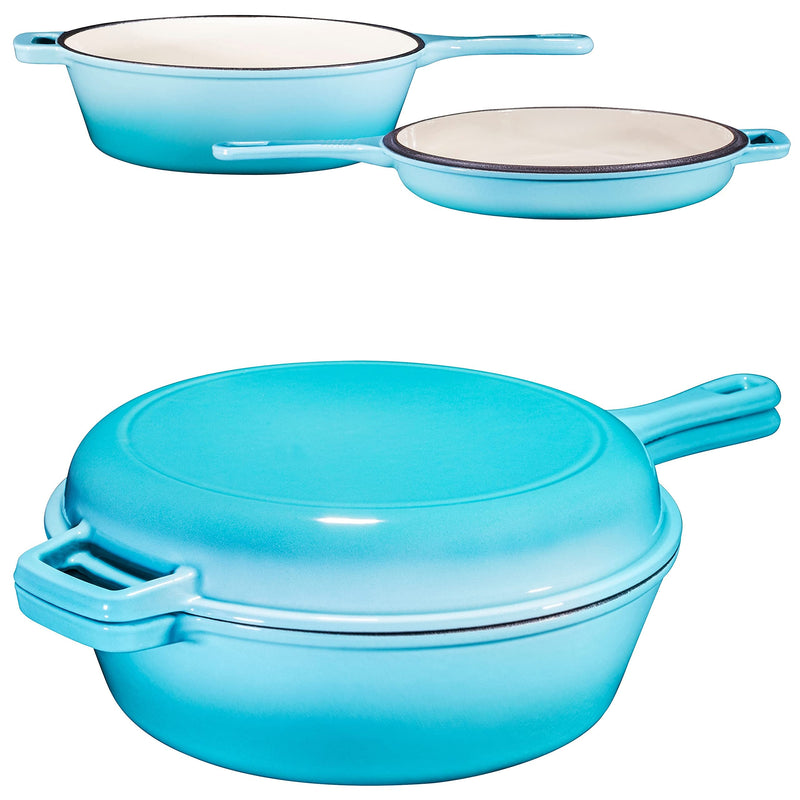 2-in-1 Blue 3 Quart Pre-Seasoned Cast Iron Dutch Oven with Handle, Mini Cast