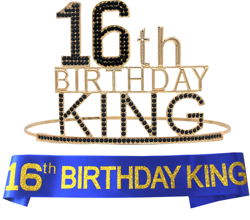 Royal Crown and Sash for Boys 16th Birthday - Crown in majestic gold and black metal