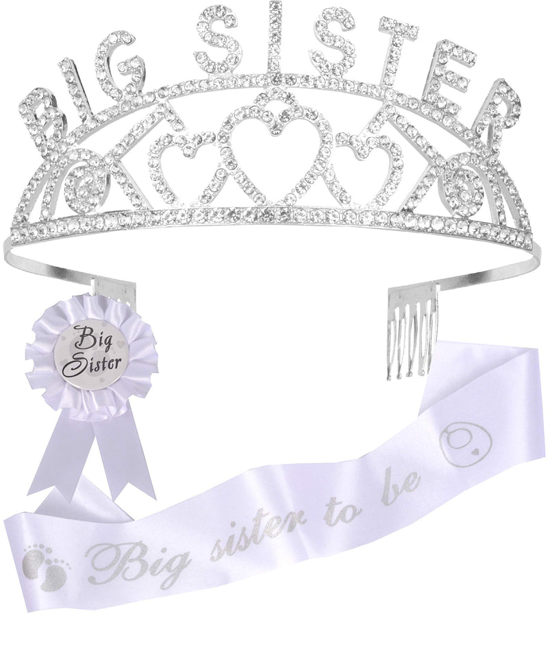 Baby shower decoration for big sister to be, silver metal tiara + white and silver