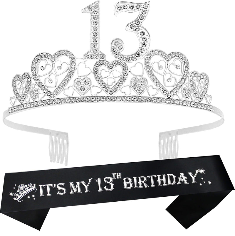 Girls 13th Birthday Sash and Tiara - Fabulous Set: Glitter Sash + Hearts