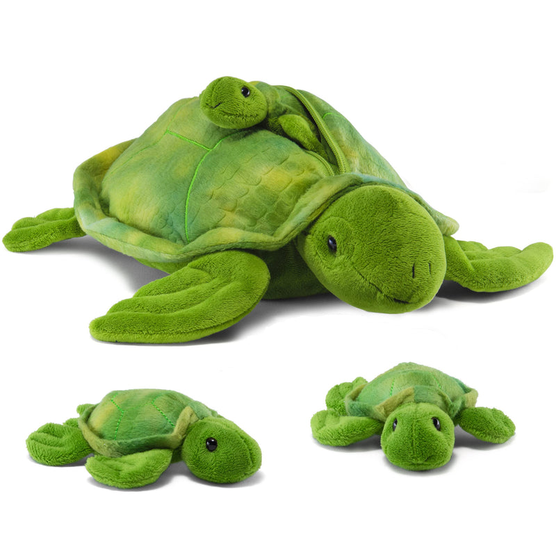 Plush turtle with 3 small plush baby turtles zipper