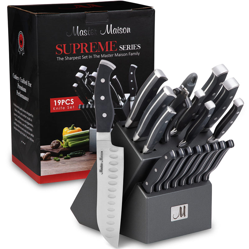 19 piece kitchen knife set with wooden block - best German forged stainless steel