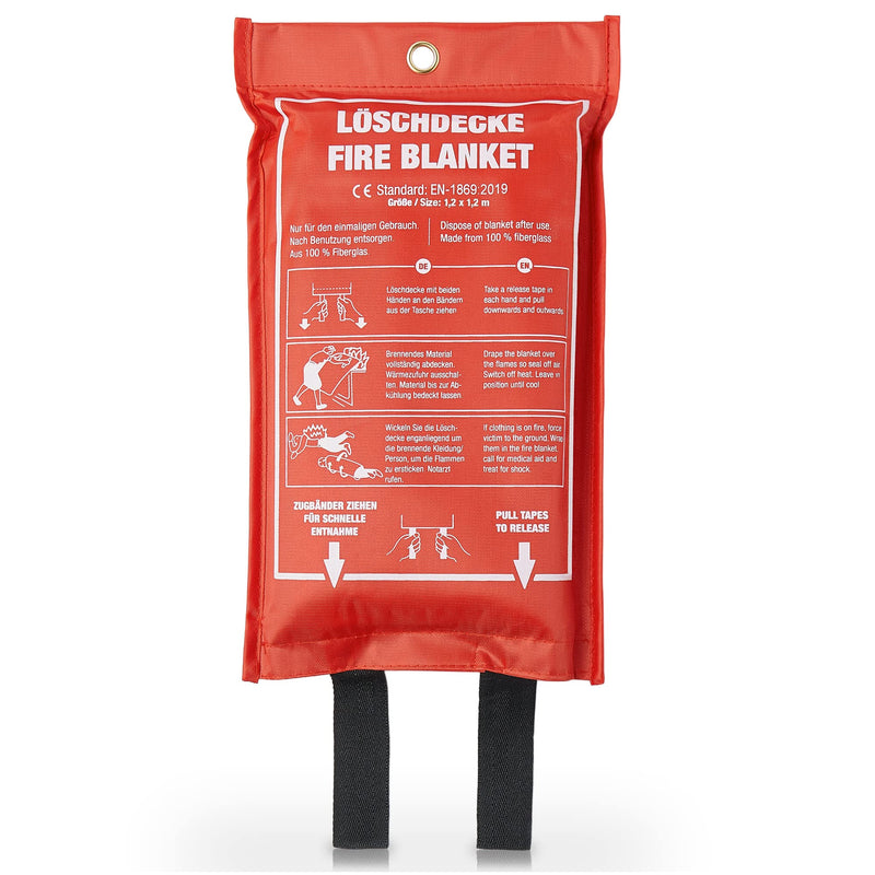 Fire blanket (xl 12 x 12 m) for first aid including protective bag and hook for storage