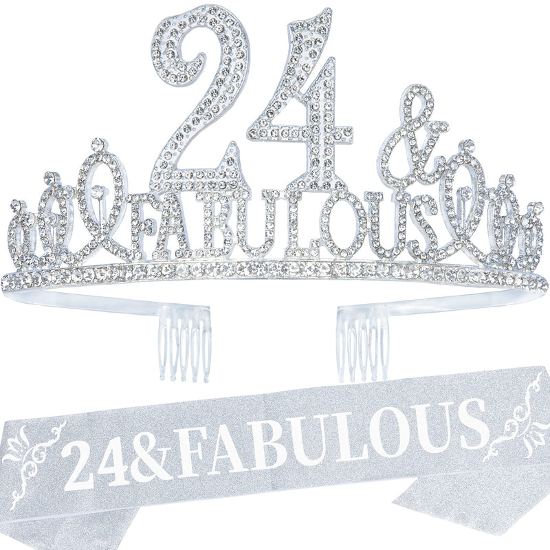 24th Birthday Sash and Tiara for Women - Fabulous Set: Glitter Sash + Fabulous