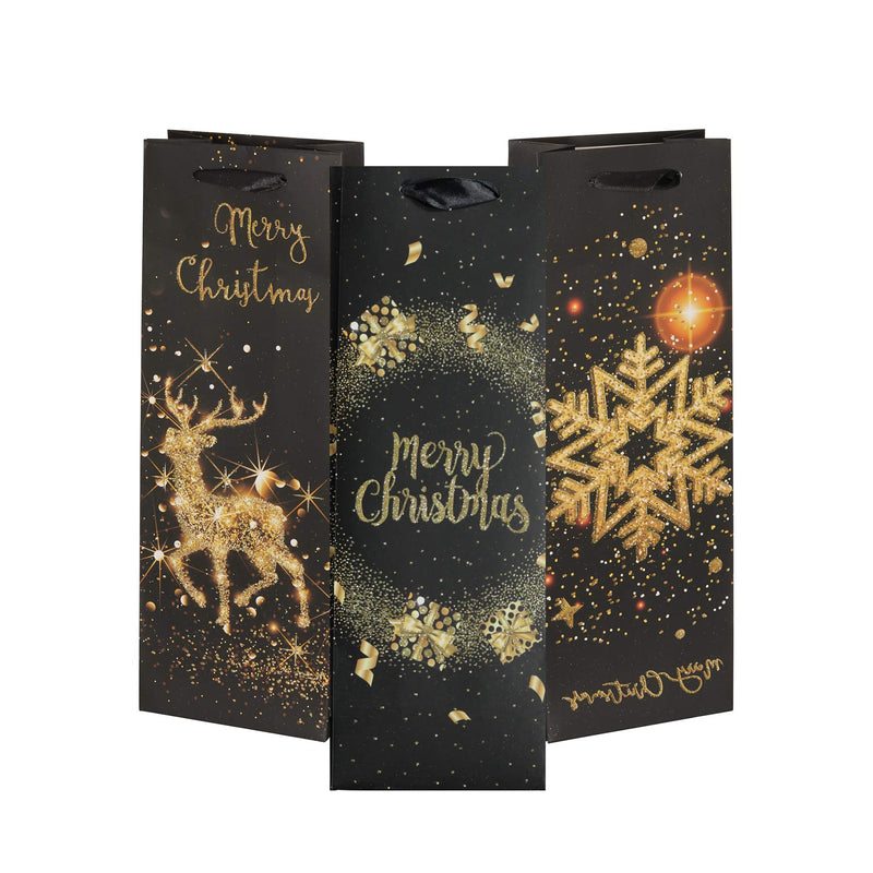 Christmas Wine Gift Bags - Black and Gold Christmas Wine Bags - Elegant Gold