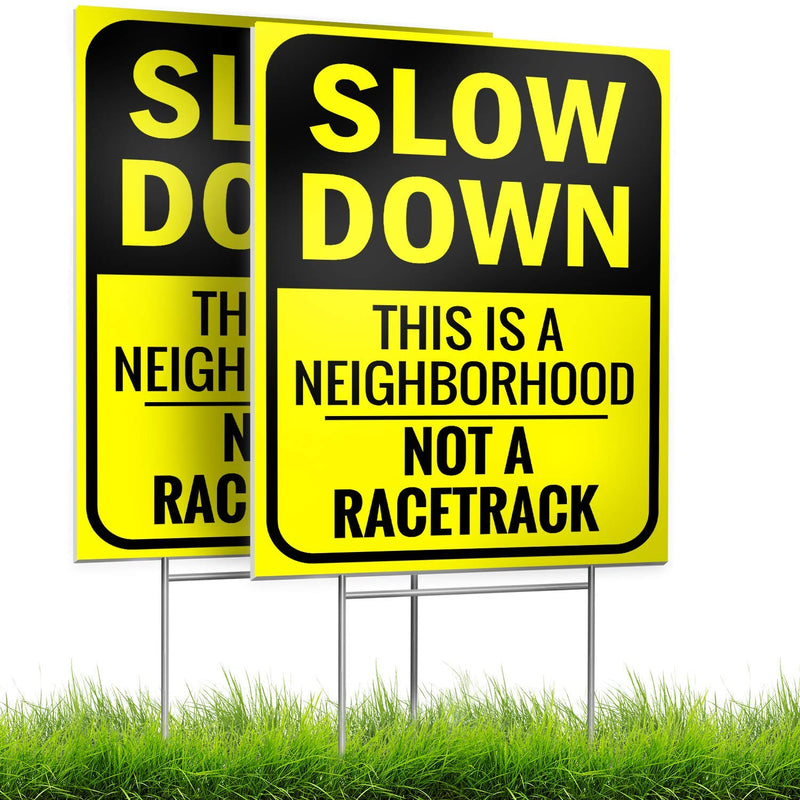 2 x Slow Down Sign 16" x 12" - Double Sided Kids at Play Signs with Metal H-Stak