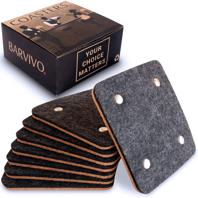 Classic Felt Drinks Coasters with Rivets - Set of 8 Cork Coasters with Felt