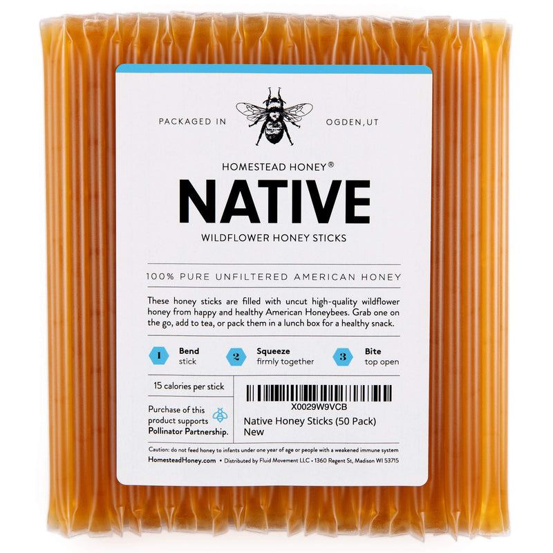 Fluid Movement Native Honey Sticks for tea, honey packets single portion stir