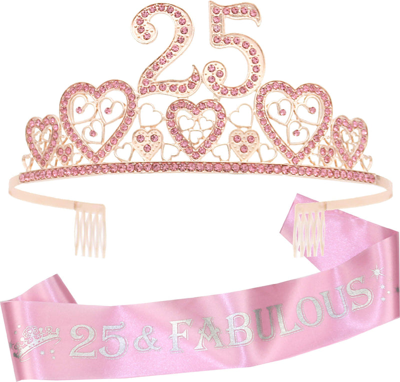 25th Birthday Sash and Tiara for Women - Fabulous Set: Glitter Sash + Hearts