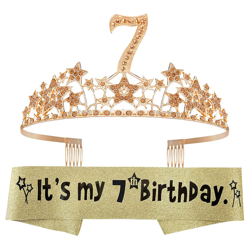 Girls 7th Birthday Sash and Tiara - Fabulous Glitter Sash + Starry Sky