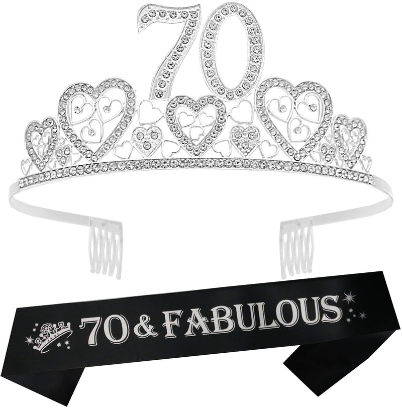 70th Birthday Sash and Tiara for Women - Fabulous Glitter Sash + Hearts