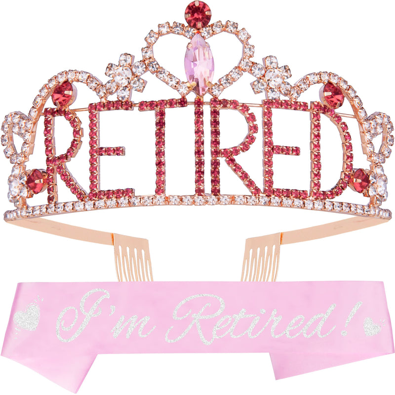 Retirement Party Decorations for Women - Glitter Sash and Pink Rhinestone Tiara