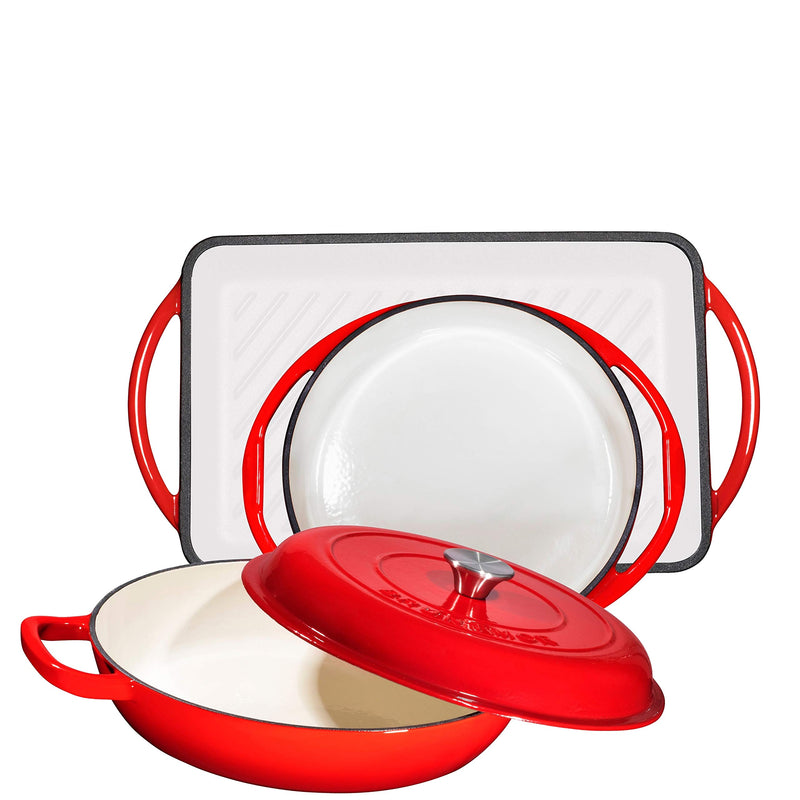 3 Piece Enameled Cast Iron Sauté Pan with Lid 38 Quart Rectangular Gift Set