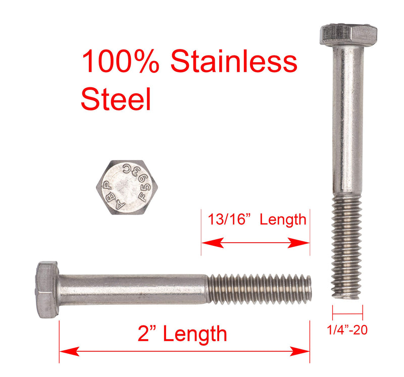 1/4"-20 x 2" (Pack of 25) Stainless Steel Hex Head Bolt, 18-8 (304) Stainless Steel